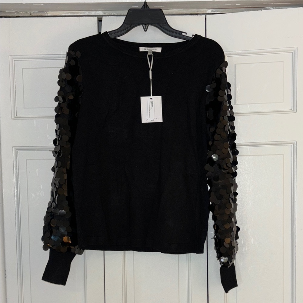 Sioni Black Crew Neck Sequin Long Sleeve Top NWT